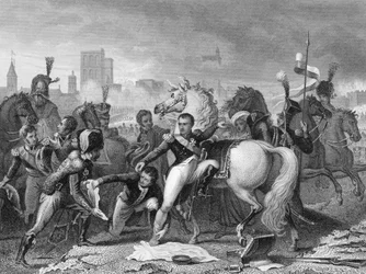 Napoleón herido en el ataque a Ratisbona (Regensburg), Baviera en 1809